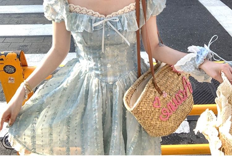 Sleeve Bow Neck Lace Short Panel Square Ruffle A-Line Dress Mini