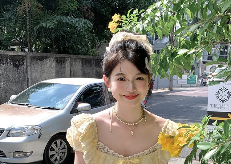 Sleeve Bow Neck Lace Short Panel Square Ruffle A-Line Dress Mini