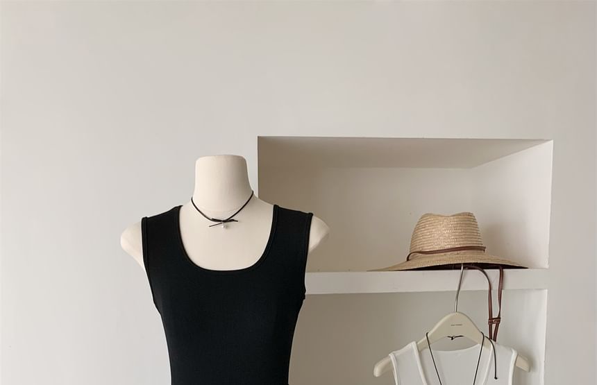 Ribbed Mini Plain Neck Scoop Sleeveless A-Line Dress