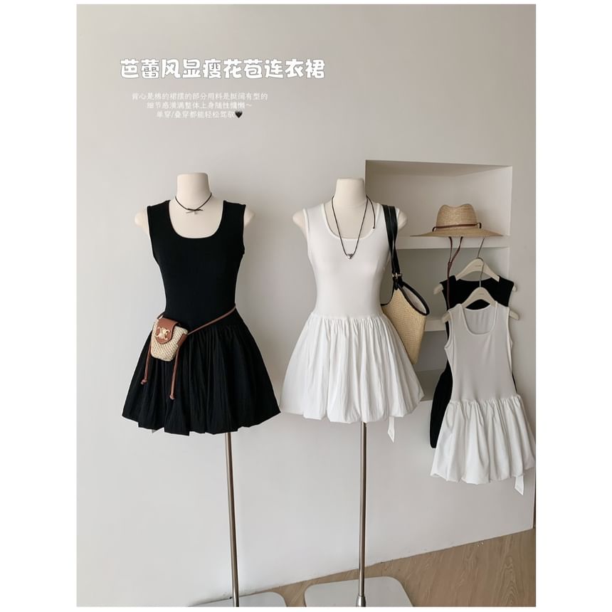 Ribbed Mini Plain Neck Scoop Sleeveless A-Line Dress