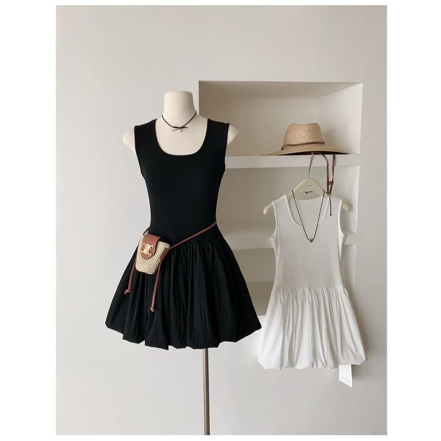 Ribbed Mini Plain Neck Scoop Sleeveless A-Line Dress