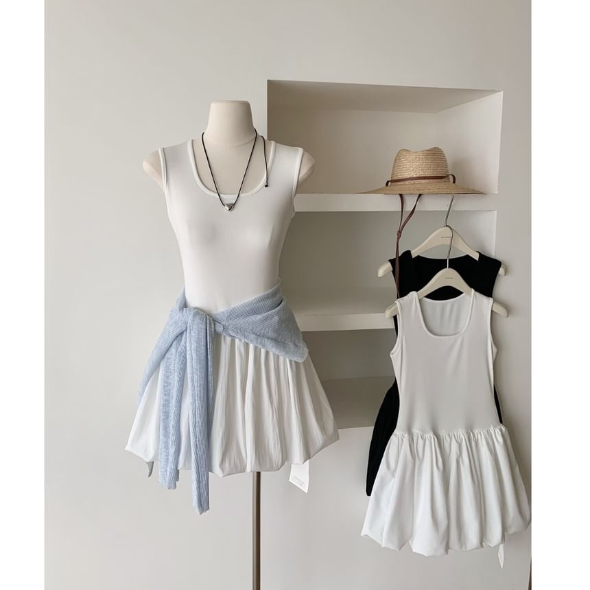 Ribbed Mini Plain Neck Scoop Sleeveless A-Line Dress