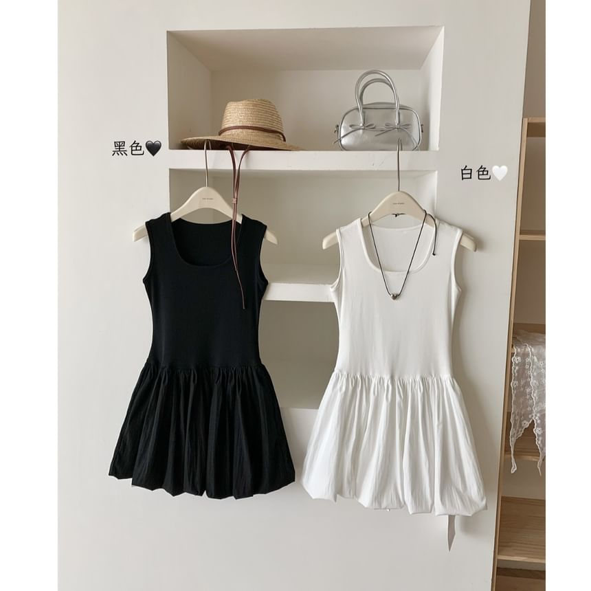 Ribbed Mini Plain Neck Scoop Sleeveless A-Line Dress
