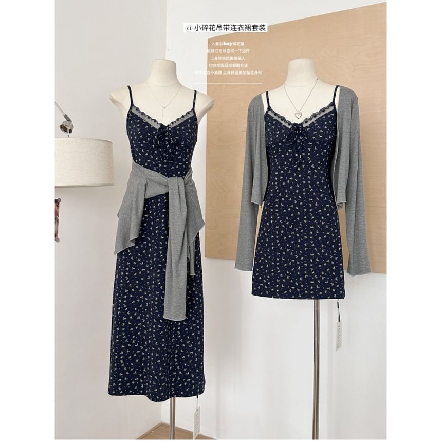 A-Line Set: Dress Trim + V-Neck Cardigan Floral Print Designs) Spaghetti Front Strap Lace Open Plain (Various