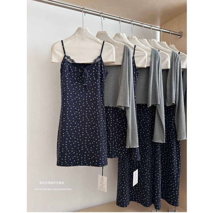 A-Line Set: Dress Trim + V-Neck Cardigan Floral Print Designs) Spaghetti Front Strap Lace Open Plain (Various