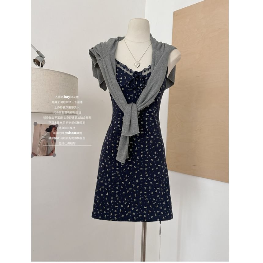 A-Line Set: Dress Trim + V-Neck Cardigan Floral Print Designs) Spaghetti Front Strap Lace Open Plain (Various
