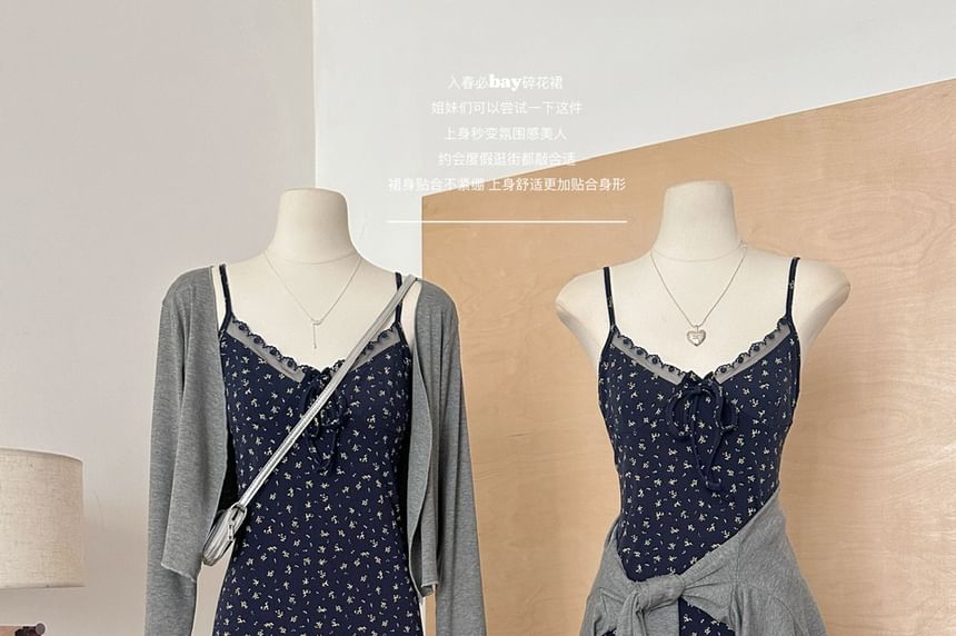 A-Line Set: Dress Trim + V-Neck Cardigan Floral Print Designs) Spaghetti Front Strap Lace Open Plain (Various