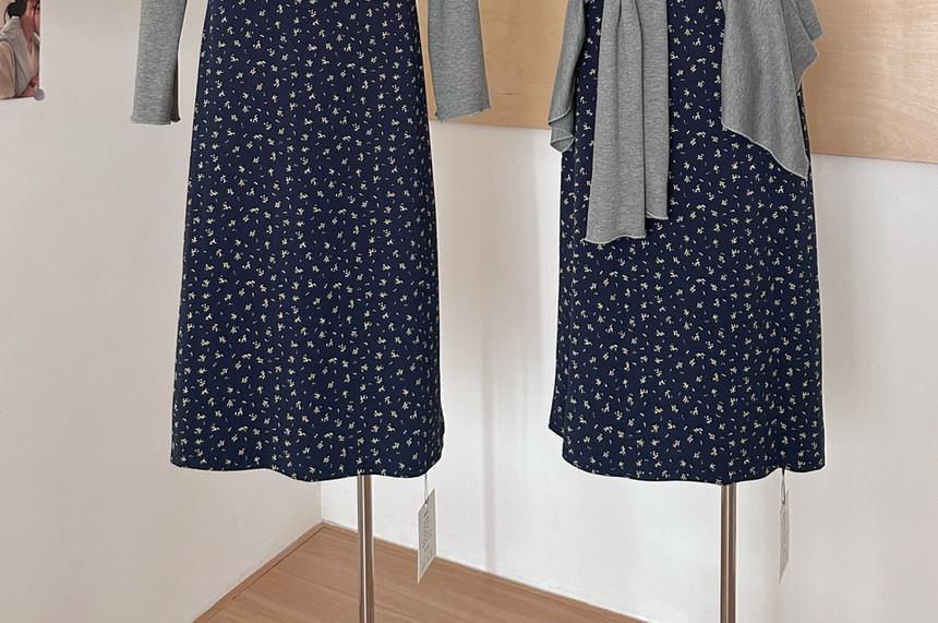 A-Line Set: Dress Trim + V-Neck Cardigan Floral Print Designs) Spaghetti Front Strap Lace Open Plain (Various