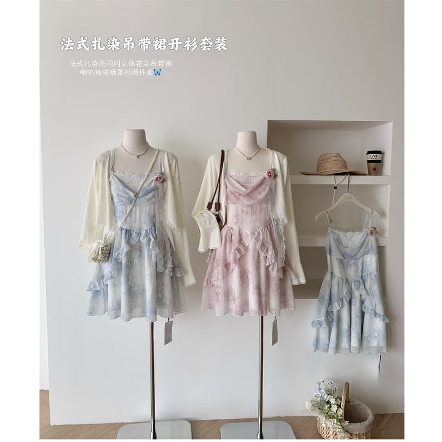 Dress Cardigan Mini + Strap Floral Plain A-Line Set: Print Spaghetti