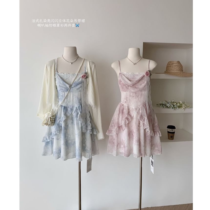 Dress Cardigan Mini + Strap Floral Plain A-Line Set: Print Spaghetti