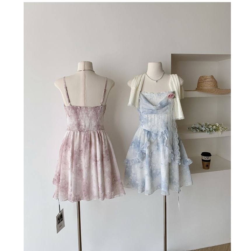 Dress Cardigan Mini + Strap Floral Plain A-Line Set: Print Spaghetti