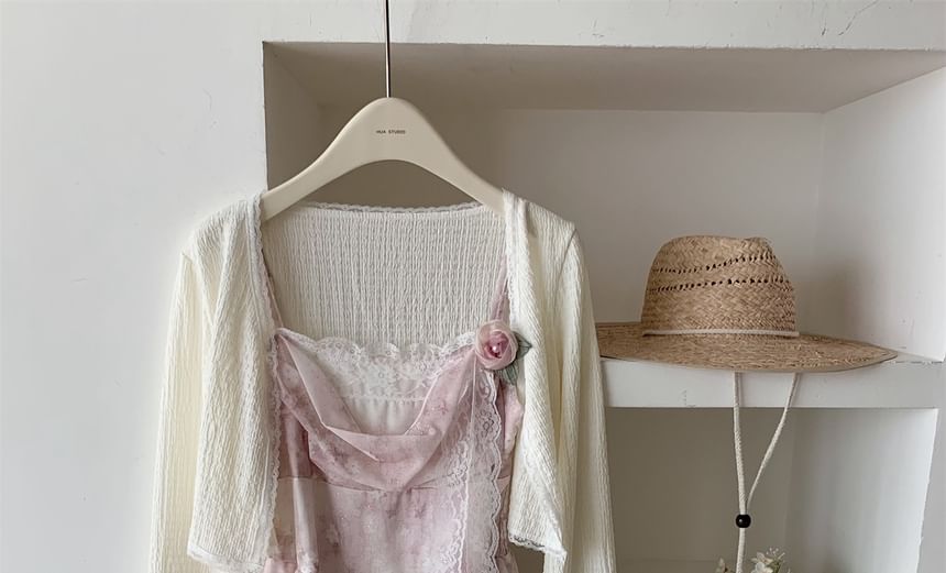 Dress Cardigan Mini + Strap Floral Plain A-Line Set: Print Spaghetti