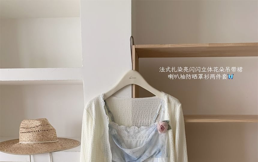 Dress Cardigan Mini + Strap Floral Plain A-Line Set: Print Spaghetti