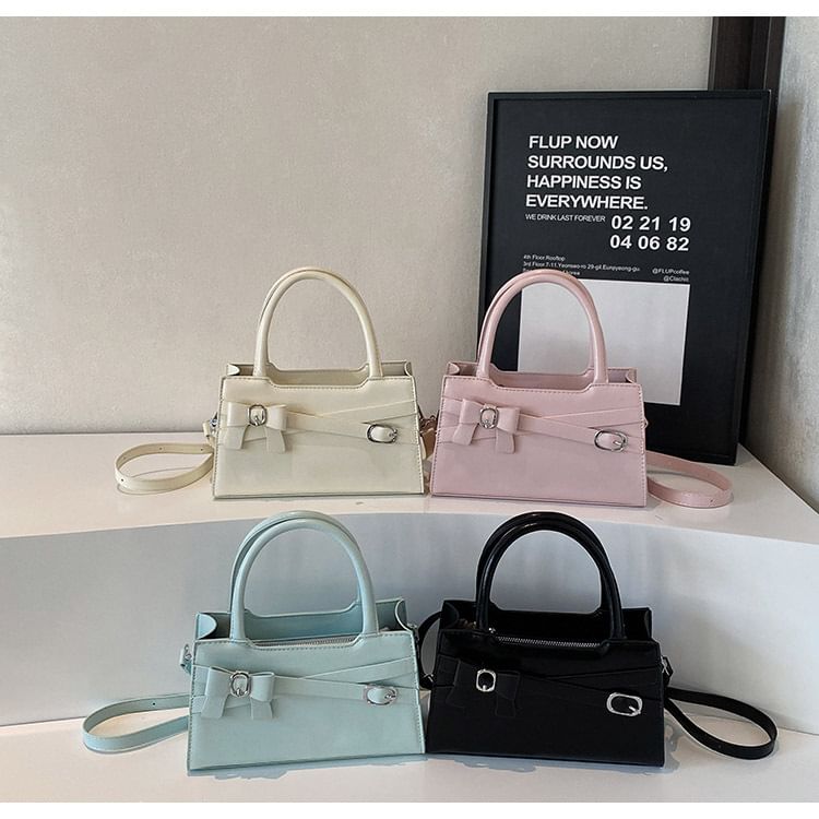 Faux Leather Crossbody Handle Buckled Bow Top Bag