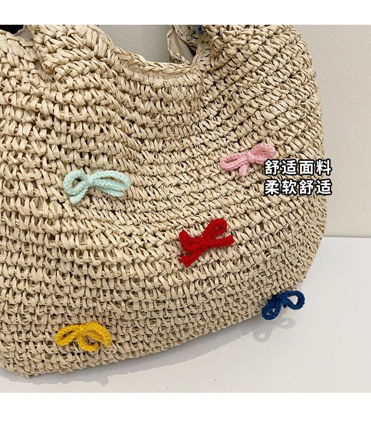 Tassel Strap Woven Tote Bag Bow