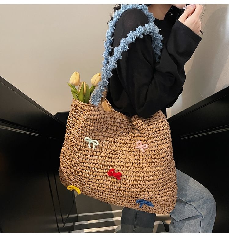 Tassel Strap Woven Tote Bag Bow