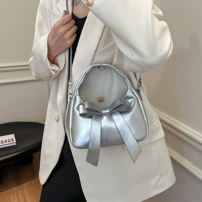 Faux Crossbody Accent Leather Bag Plain Bow Strap Chain