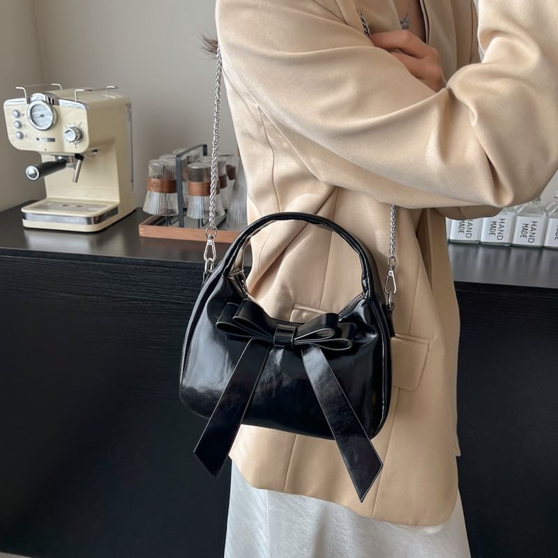 Faux Crossbody Accent Leather Bag Plain Bow Strap Chain