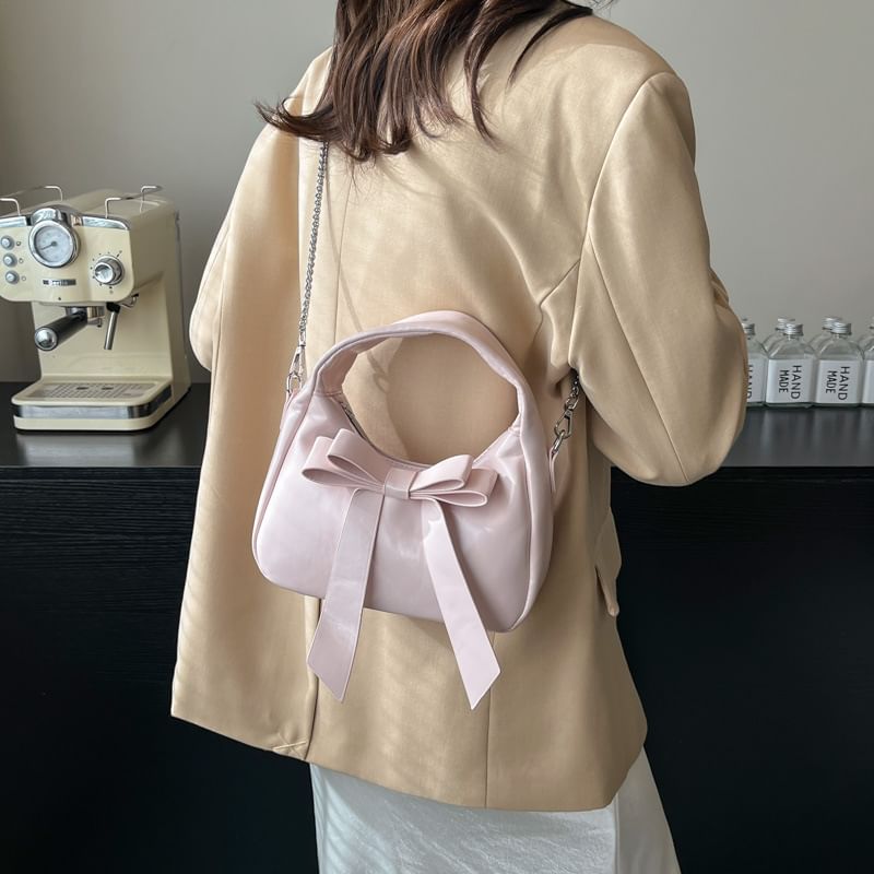 Faux Crossbody Accent Leather Bag Plain Bow Strap Chain