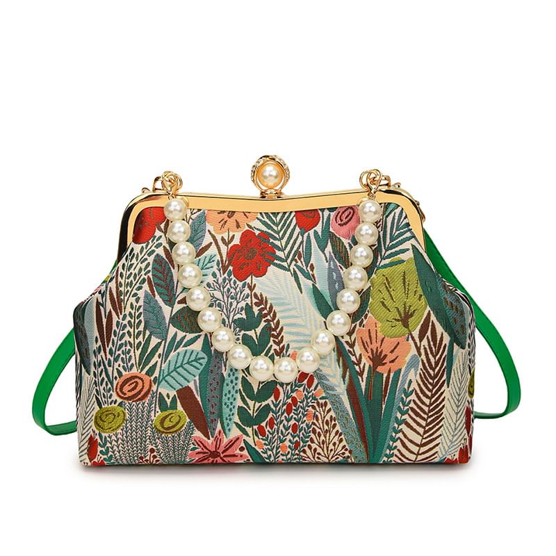 Bag Pearl Floral Crossbody Strap Faux Jacquard