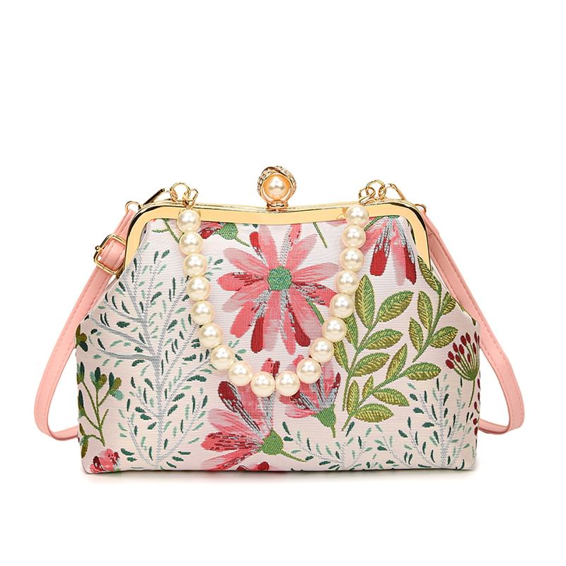 Bag Pearl Floral Crossbody Strap Faux Jacquard