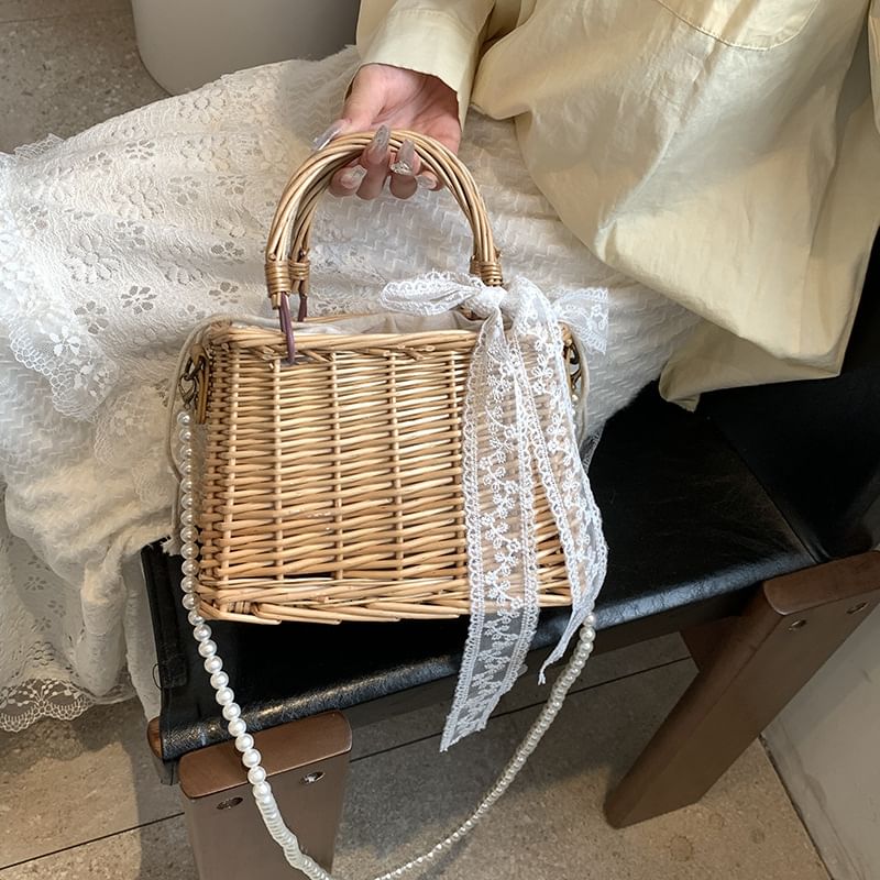 + Crossbody Faux Pearl Drawstring Bag Straw Set: Strap Scarf