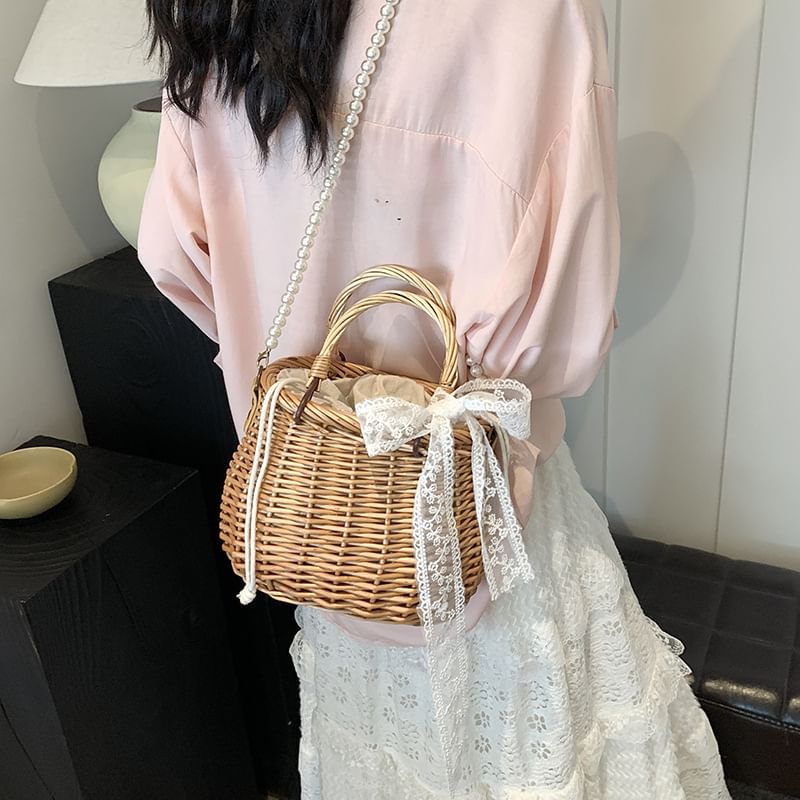+ Crossbody Faux Pearl Drawstring Bag Straw Set: Strap Scarf