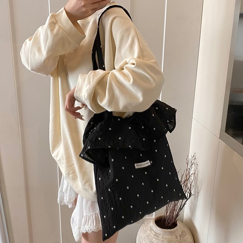 Trim Floral Tote Bag Ruffle Embroidered