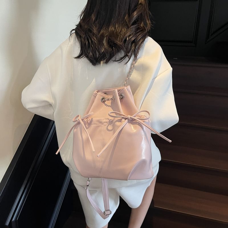 Backpack Plain Faux Drawstring Leather