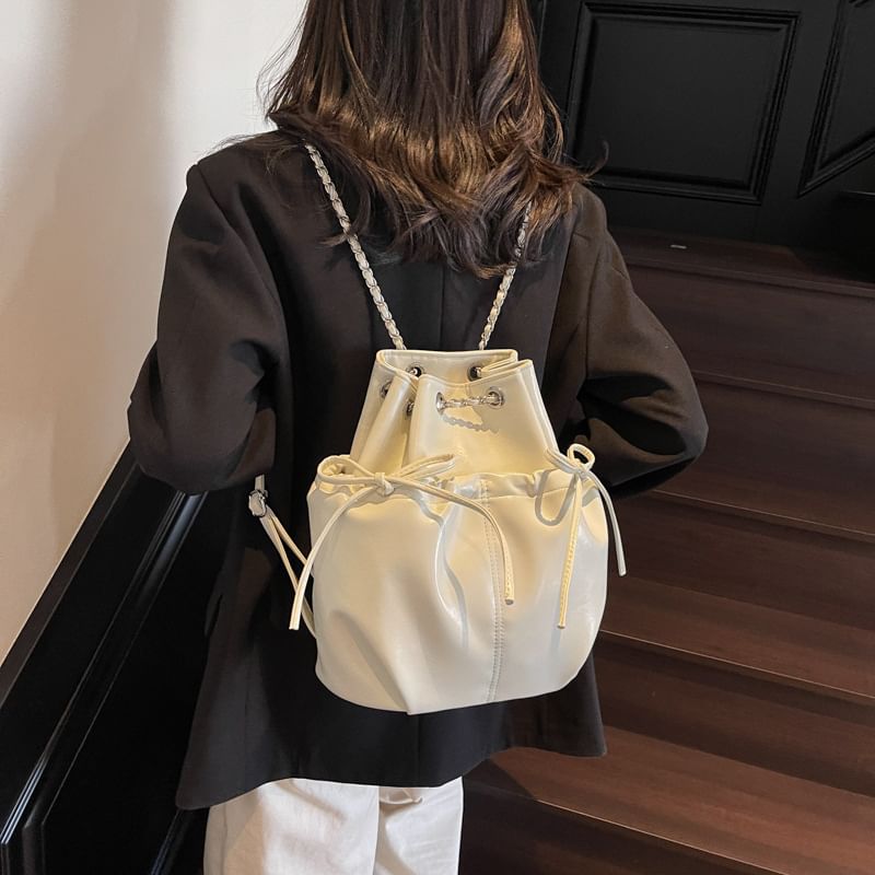 Backpack Plain Faux Drawstring Leather
