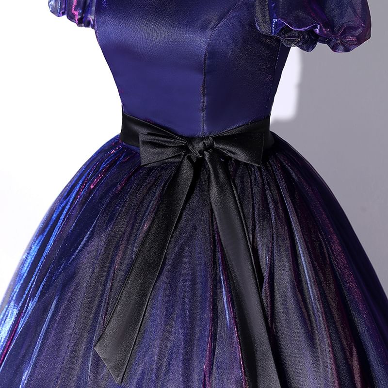 Short-Sleeve Bow Mesh Overlay Ball Gown
