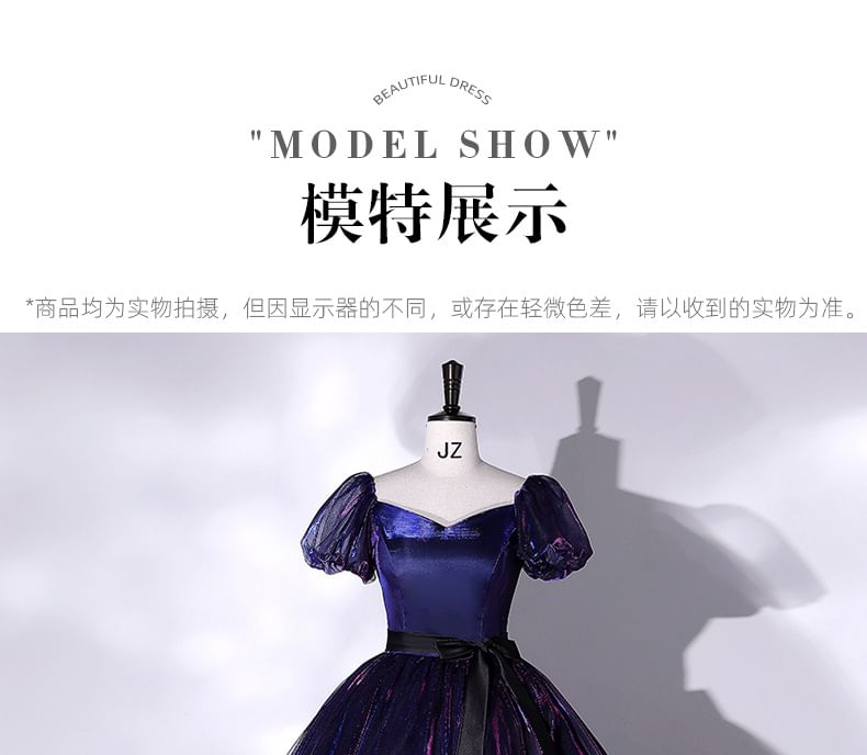 Short-Sleeve Bow Mesh Overlay Ball Gown