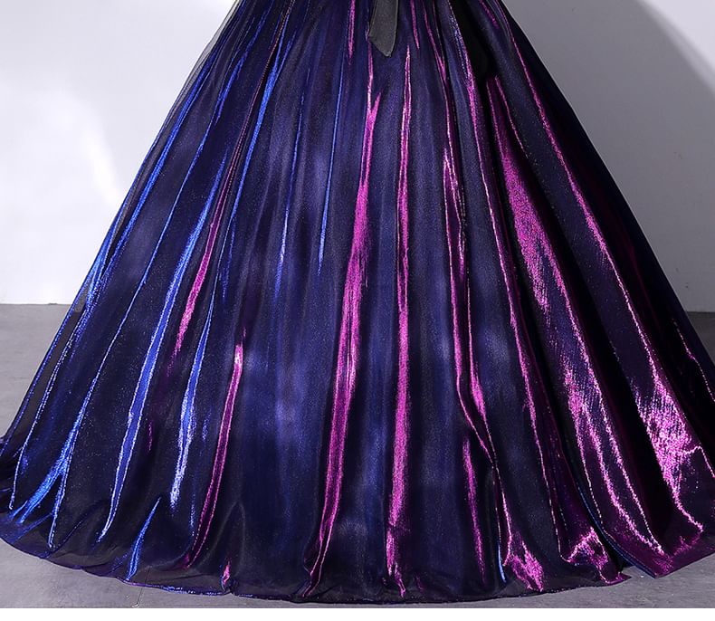 Short-Sleeve Bow Mesh Overlay Ball Gown