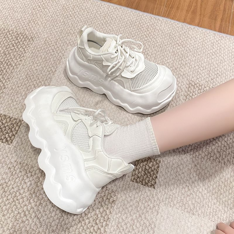 Panel Faux Mesh Lace-Up Leather Sneakers Platform