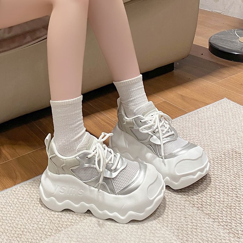 Panel Faux Mesh Lace-Up Leather Sneakers Platform