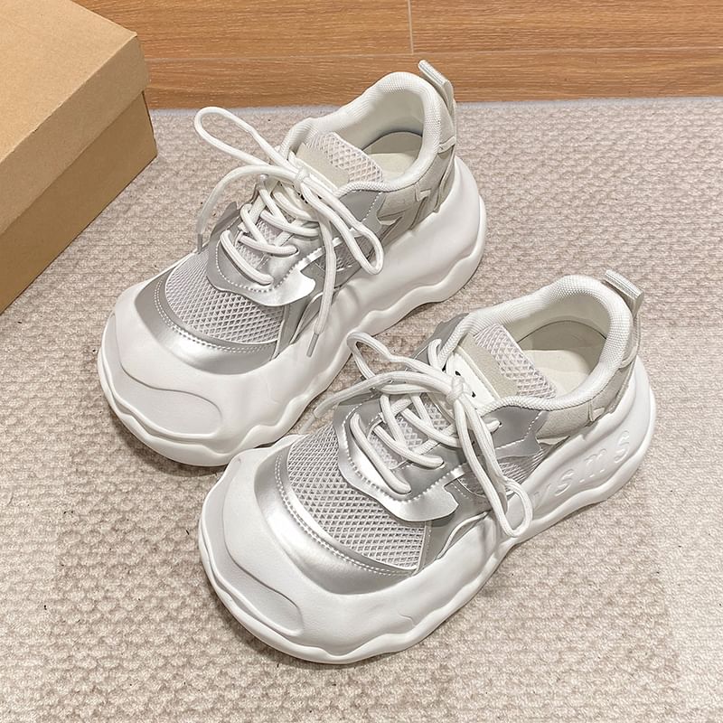 Panel Faux Mesh Lace-Up Leather Sneakers Platform