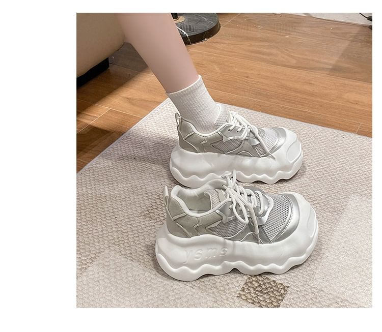 Panel Faux Mesh Lace-Up Leather Sneakers Platform