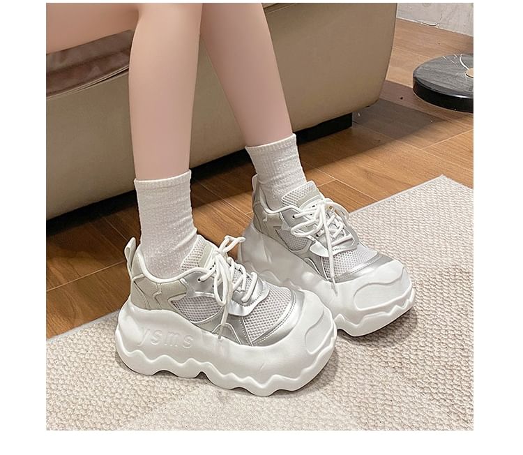 Panel Faux Mesh Lace-Up Leather Sneakers Platform