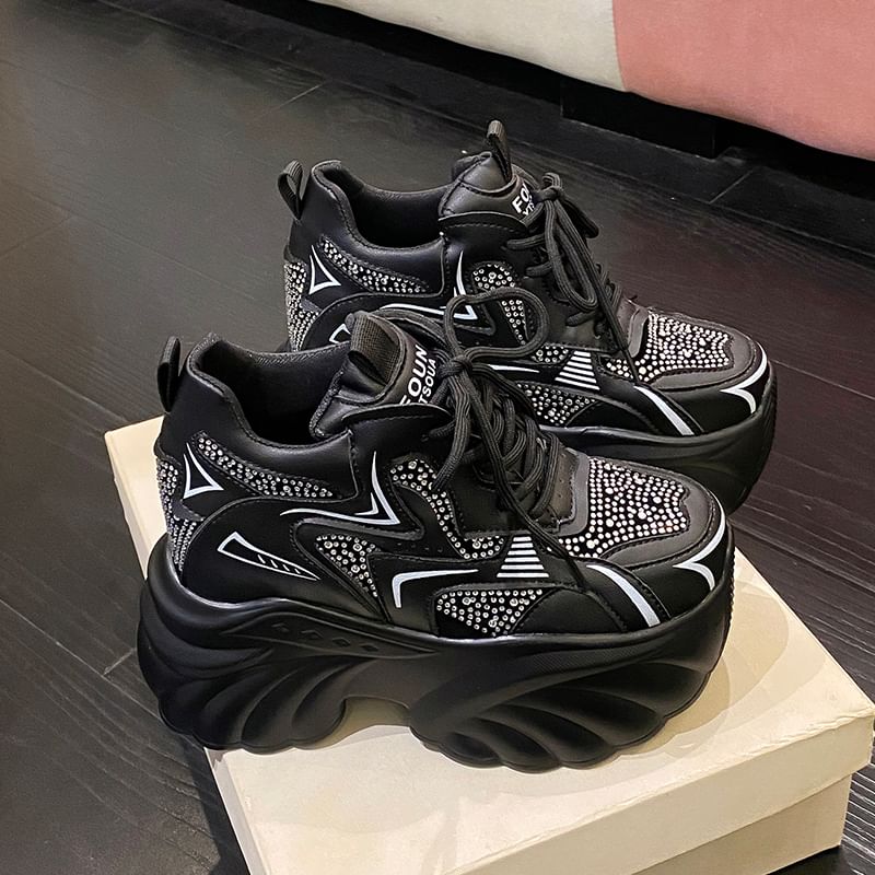 Sneakers Hidden Leather Wedge Lace-Up Rhinestone Faux