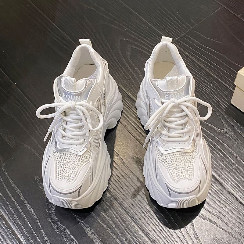 Sneakers Hidden Leather Wedge Lace-Up Rhinestone Faux