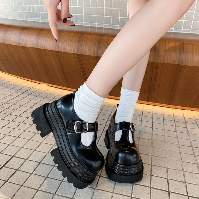 Jane Plain Platform Faux Shoes Mary T-Strap Leather