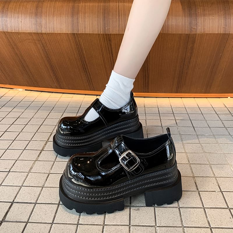 Jane Plain Platform Faux Shoes Mary T-Strap Leather