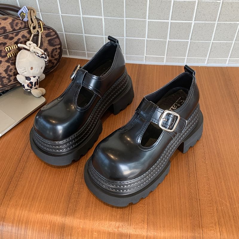 Jane Plain Platform Faux Shoes Mary T-Strap Leather