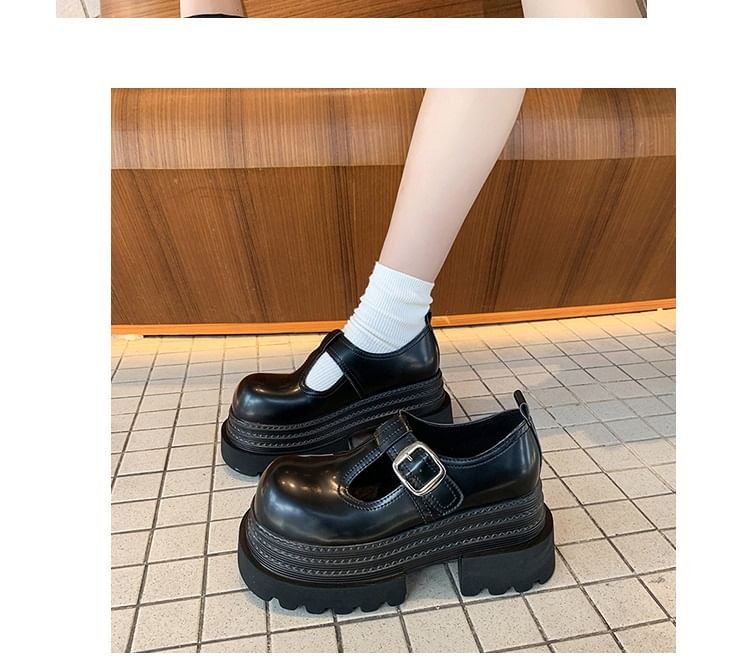Jane Plain Platform Faux Shoes Mary T-Strap Leather