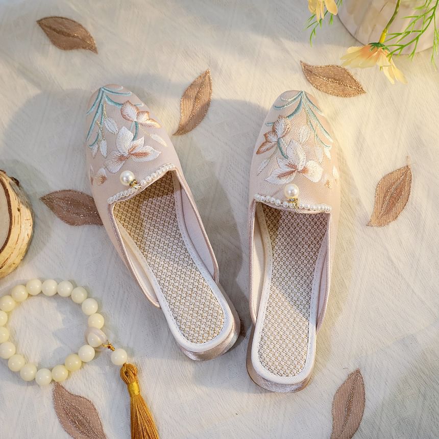 Mules Faux Pearl Embroidered Floral