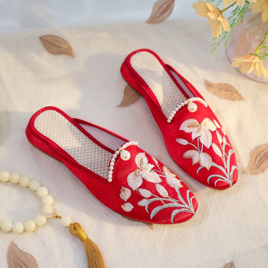Mules Faux Pearl Embroidered Floral
