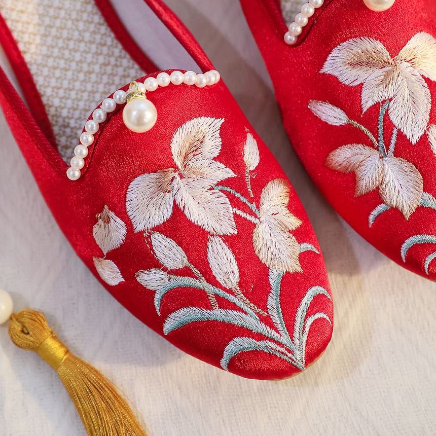 Mules Faux Pearl Embroidered Floral