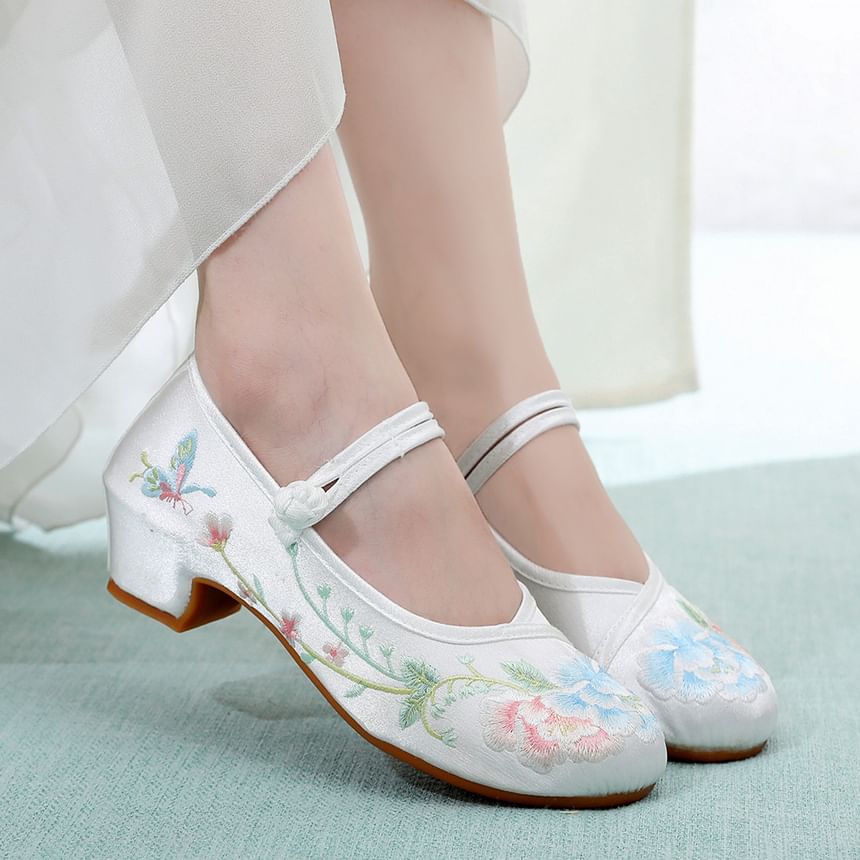 Block Embroidery Pumps Heel Floral