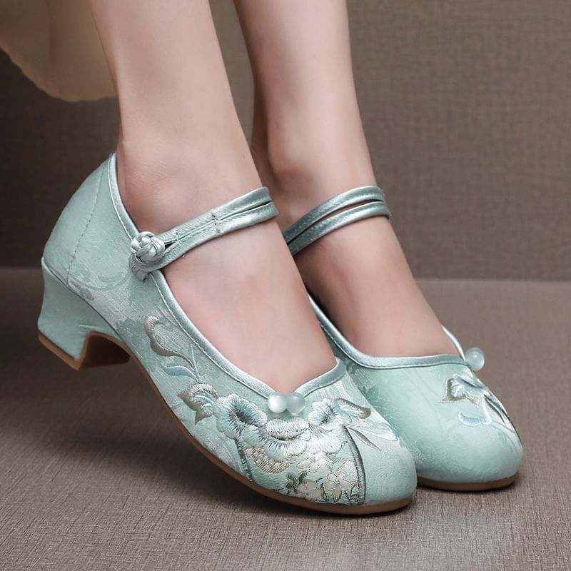 Shoes Embroidered Block Heel