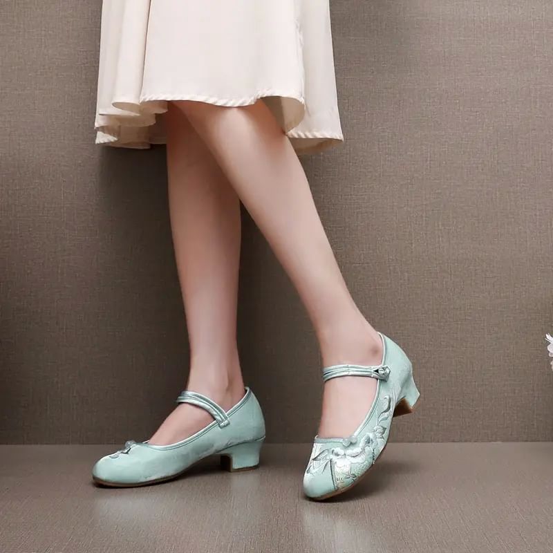 Shoes Embroidered Block Heel
